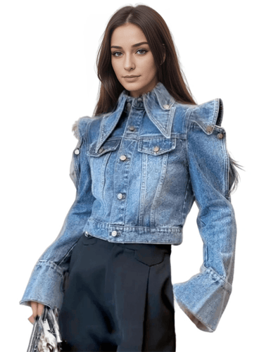 New Trendy Women's Ruffled Edge Shoulder Denim Coat Autumn Fashion Lapel Long Sleeve Jacket Female, Drestiny, Denim Coats, Coats, Denim Jackets, Jackets, Womens Blue Denim Jacket, United States, Canada, Australia, New Zealand, United Kingdom, One Size, Blue, shopdrestiny.com